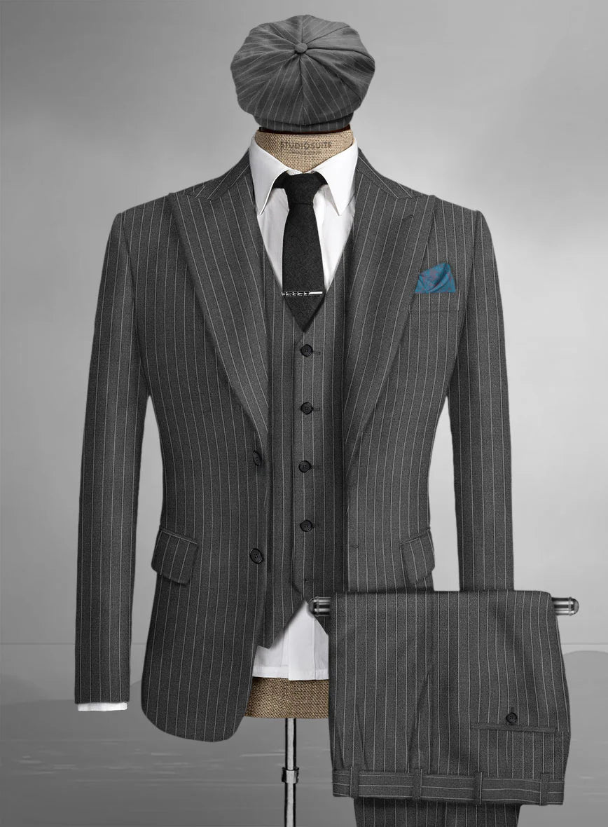 Men’s Thomas Shelby Peaky Blinders Gray Wool Suit Out fit Charcoal Grey Pinstripe 3-Piece  Vintage 1920s Suit - 34 Short or Extra Small