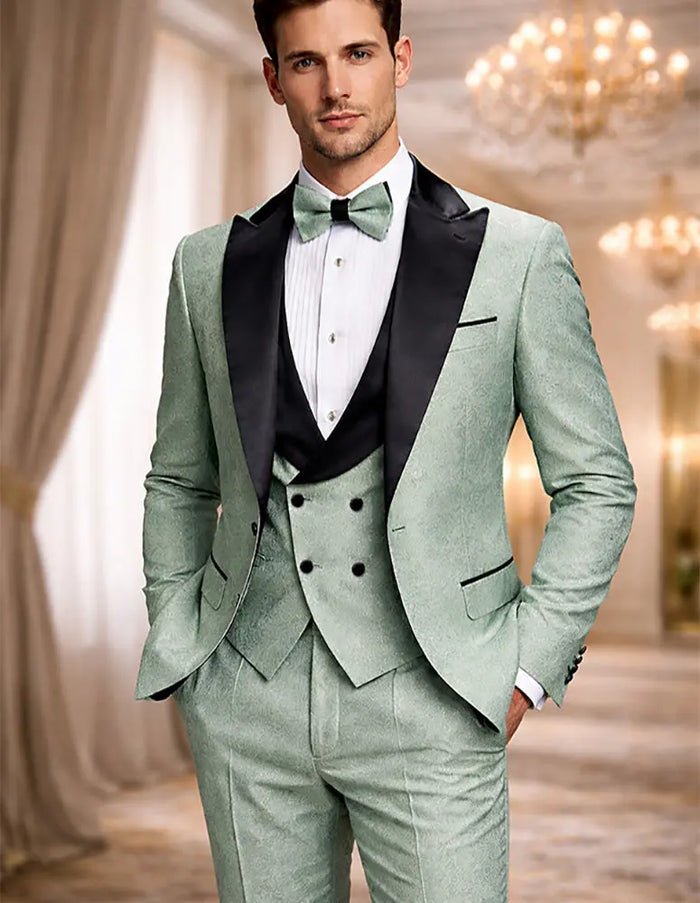Men’s Sage Green Wedding Tuxedo with Black Shawl Lapel – 3 Piece Groom Prom Suit Mintish Color