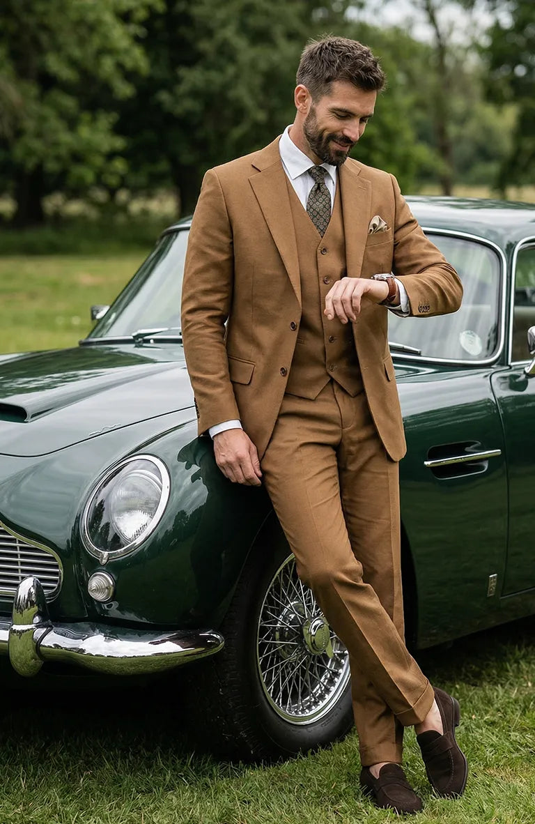 Men’s Tan Groom Outfit Country Wedding 3 Piece Suit Khaki Camel Color Modern Fit - 34 Short or Extra Small