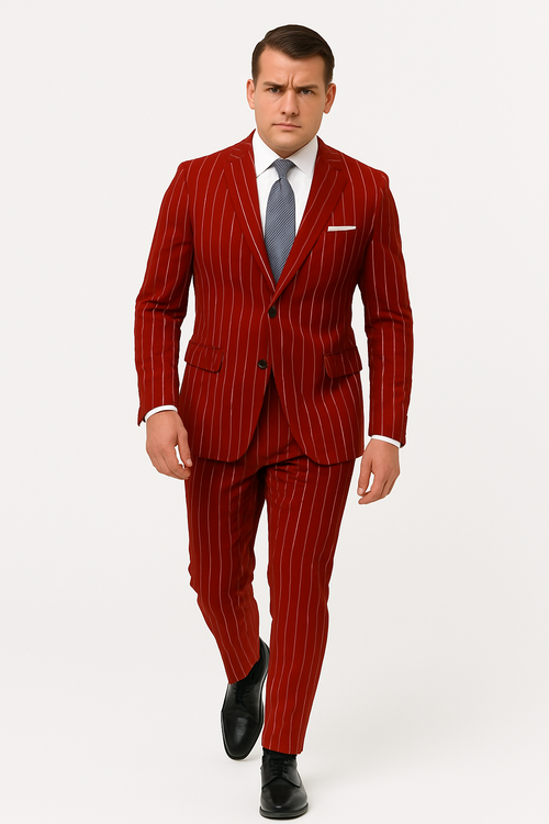 Mens Red Pinstripe Suit Stripe Two-Button Vested Suit 2 Buttons