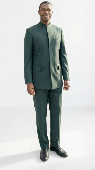 Men’s Olive Green Tuxedo Mandarin Collar Suit – Modern Nehru Style Formal Suit for Wedding Banded Collar - 34 Short or Extra Small