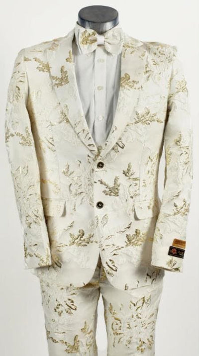 Mens White and Gold Patterned Blazer Paisley Floral Pattern Prom Wedding Suit Tuxedo Dinner Jacket + Bowtie