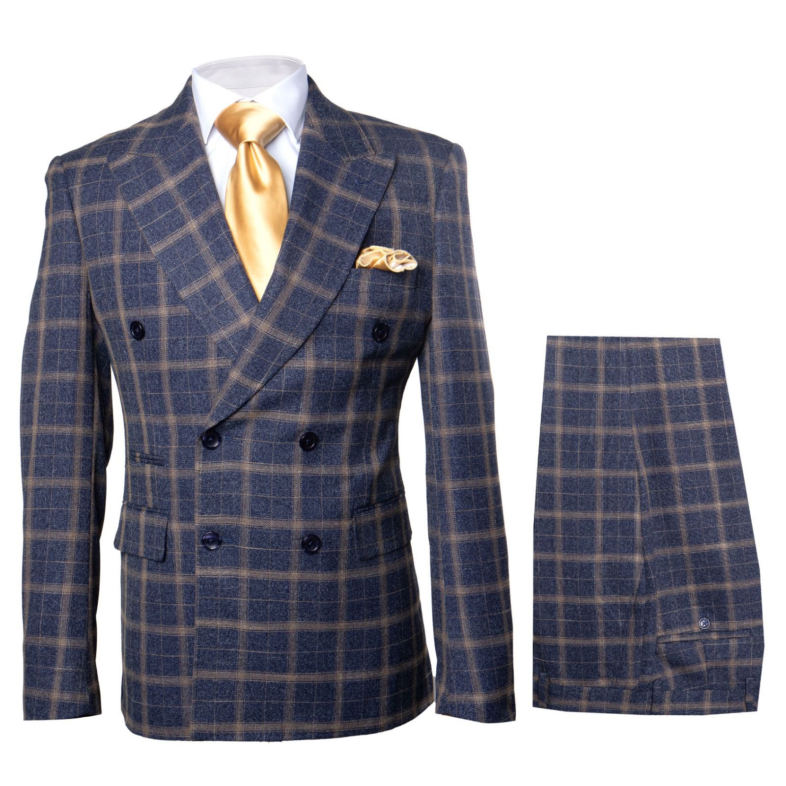 Men’s Navy and Tan Windowpane Double-Breasted Suit | Classic 2-Piece Plaid Dress Suit, Business, and Formal Events By Rossiman - 34 Short or Extra Small