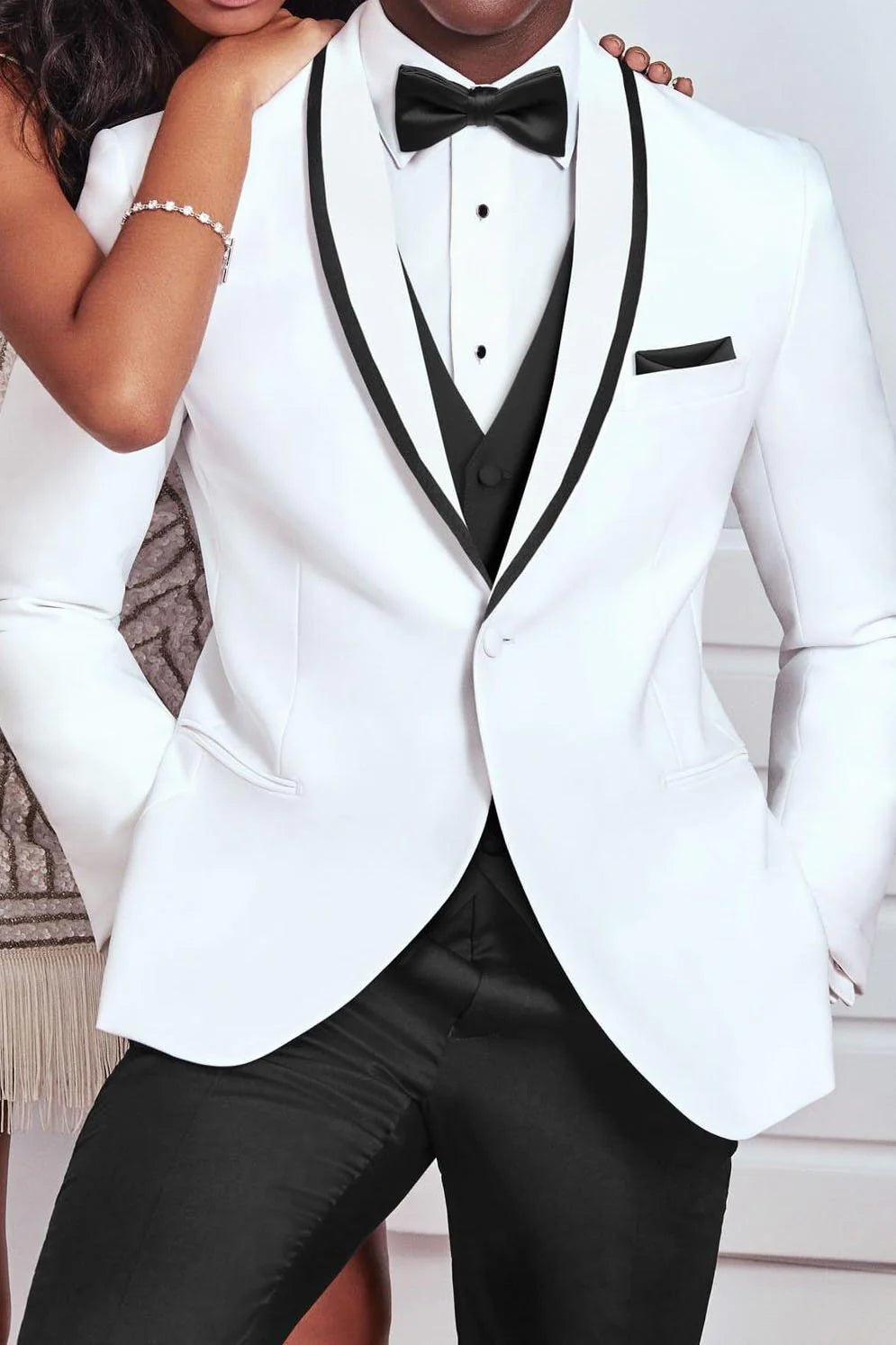 Men’s White Tuxedo Jacket – Black Trim Shawl Lapel Formal Dinner Blazer for Weddings, Prom Wedding Blazer Modern fit - 36 Short