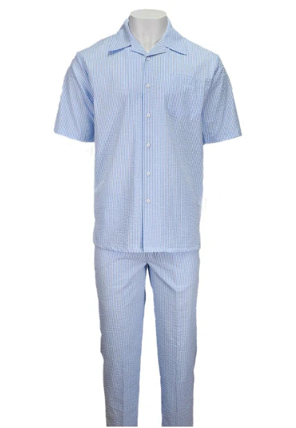 Mens Light Blue Seersucker Walking Suit Set – Casual Summer Short Sleeve Outfit with Matching Pants Lightweight Two Piece Set - S