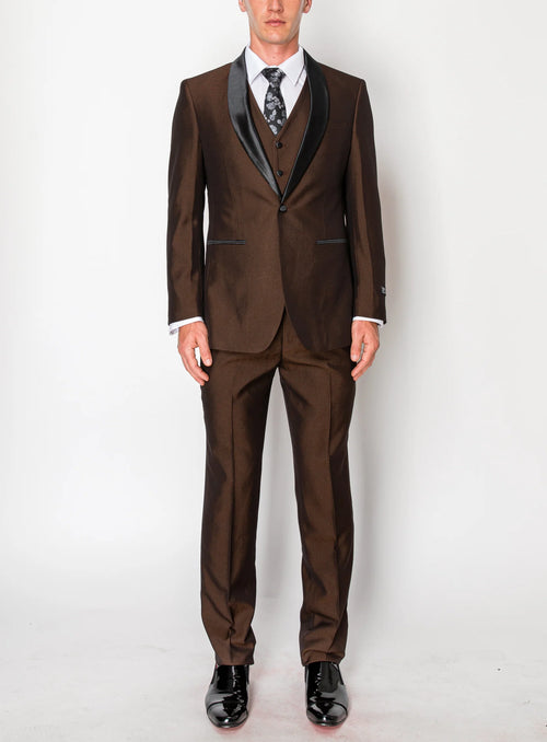 Men’s Chocolate Brown 3-Piece Tuxedo Suit with Black Satin Shawl Lapel – Shawl Collar Vested