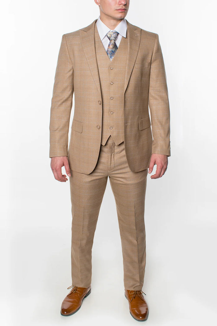 Men’s Khaki Tan Plaid Western Cowboy 3-Piece Suit – Texture Plaid windowpane Blazer, Vest & Pants
