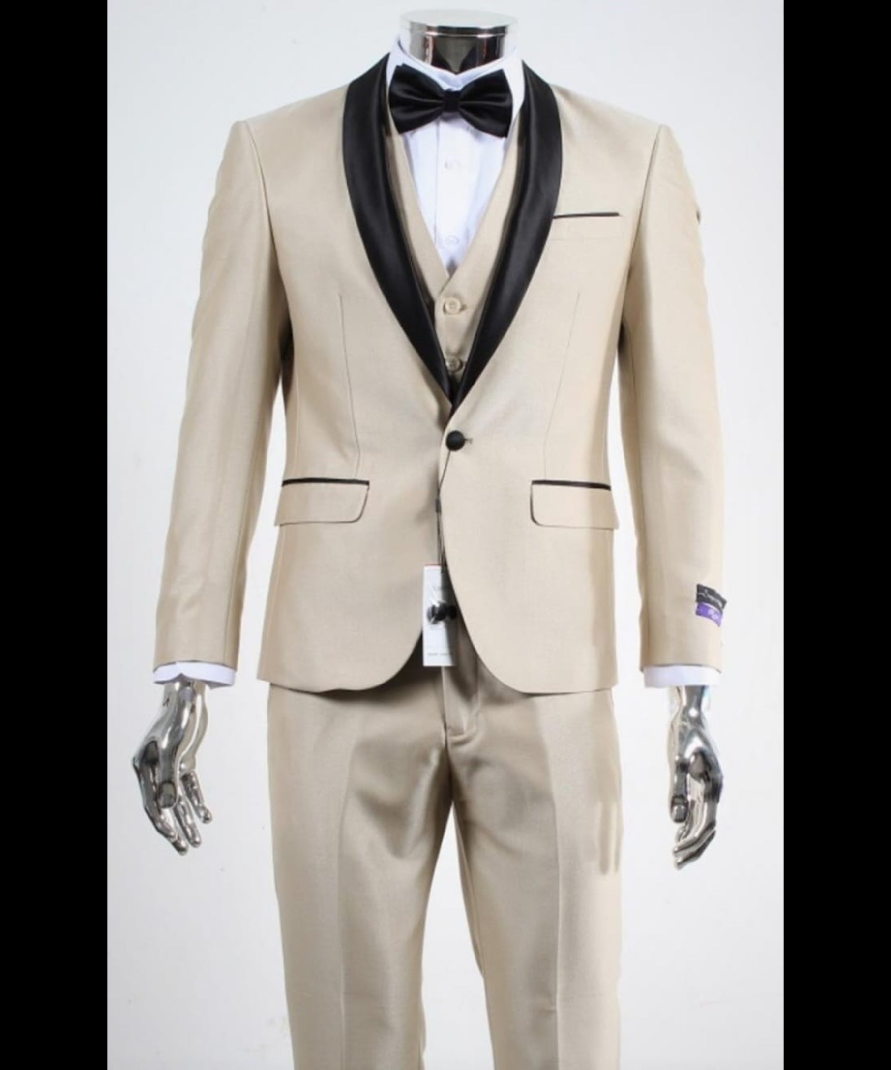 Mens Champagne Beige Shiny Tuxedo 3 Piece Suit with Black Shawl Lapel | Formal Wedding Prom Suit Set in Sand Light Tan Color