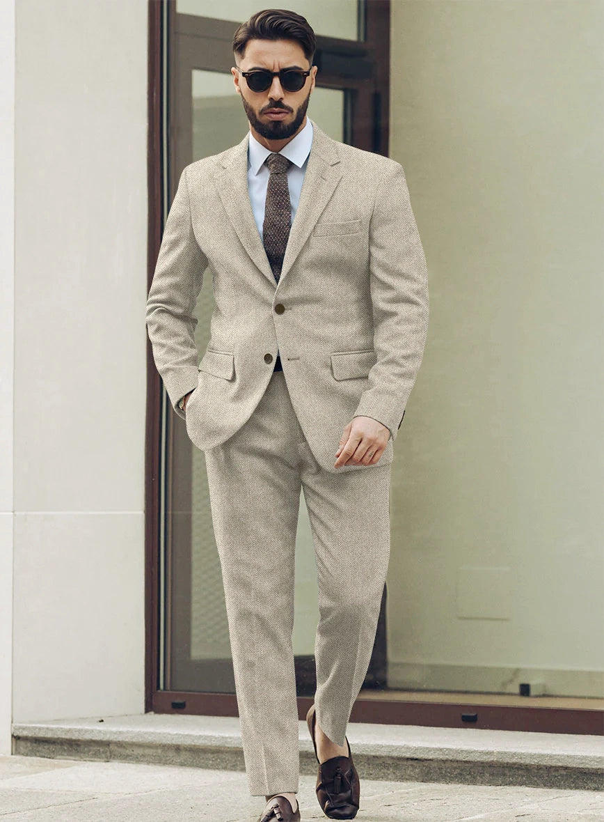 Men’s Light Tan Tweed Suit – Classic Beige Two Piece Suit, Herringbone Formal Wear, Vintage Style Business & Wedding Outfit for Men - 34 Short or Extra Small