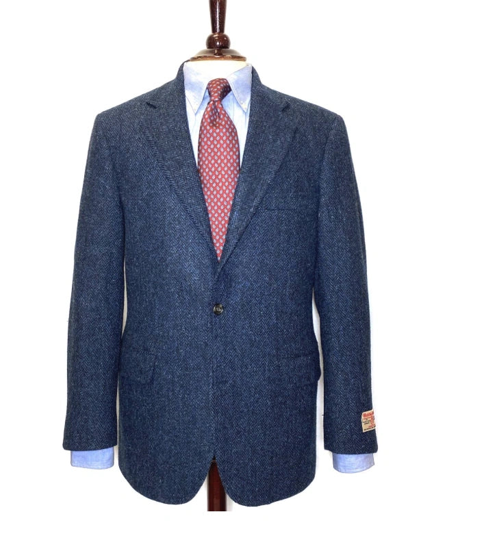 Mens Light Blue Tweed Blazer Sport Coat – Classic Herringbone Jacket Formal Business Casual Smart Outerwear in indigo cobalt blue - 36 Short
