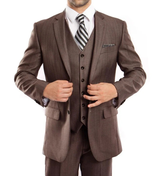 Men’s Brown Sharkskin 3 Piece Suit – Textured Two Button Vested Business Formal Suit for Wedding, Party Wear Vested - 34 Short or Extra Small
