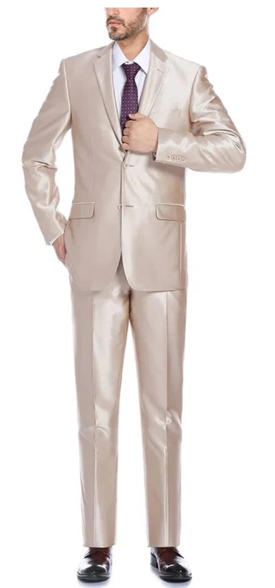 Men’s Champagne Tan Sharkskin 2 Button Suit – Shiny Formal Suit with Optional Vest for Wedding, Prom, Business Beige Color - 34 Short or Extra Small