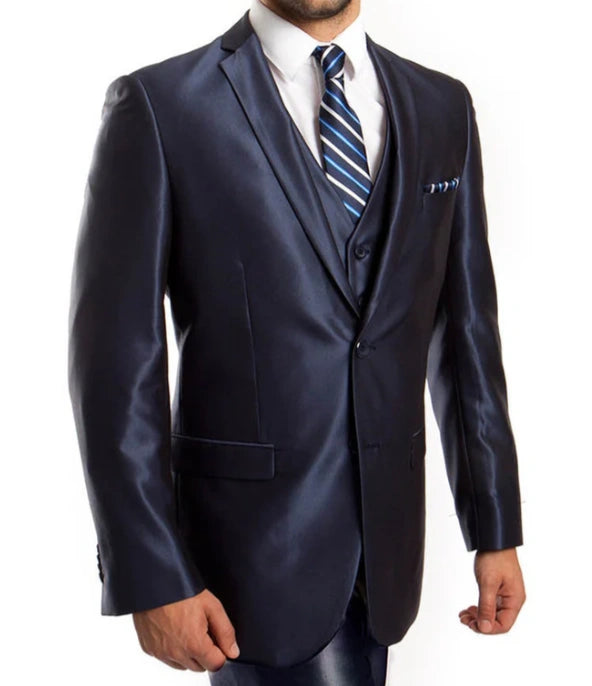 Men’s Navy Blue Sharkskin 3 Piece Suit – Two Button Vested Shiny Formal Suit for Wedding, Prom, Business and Party Wear - 34 Short or Extra Small