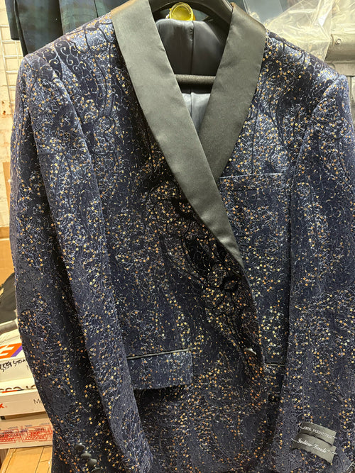 Mens Navy Blue Sequin Tuxedo Jacket with Black Satin Shawl Lapel – Luxury Prom and Wedding Blazer