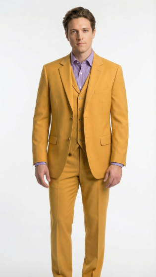 Men’s Mustard Yellow Three Piece Suit | 2 Button Notch Lapel Modern Fit in Gold Color - Church Suit - 34 Short or Extra Small