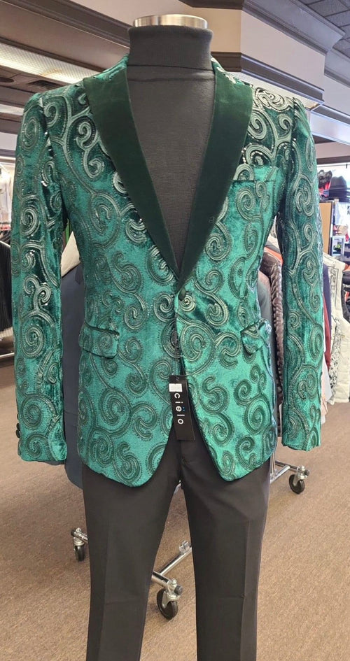 Mens Emerald Green Mardi Gras Blazer with Black Satin Lapel Paisley Swirl Pattern Formal Party Jacket
