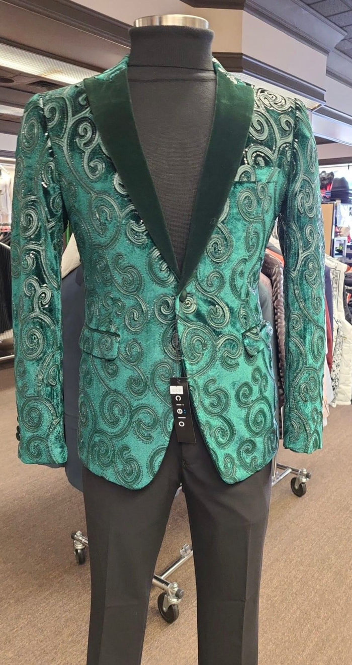 Mens Emerald Green Mardi Gras Blazer with Black Satin Lapel Paisley Swirl Pattern Formal Party Jacket
