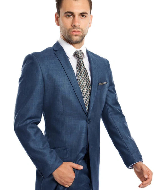 Men’s Indigo Blue Sharkskin Suit – Textured Shiny Formal Suit for Wedding, Business, 2 Buttons Slim Fitted - 34 Short or Extra Small