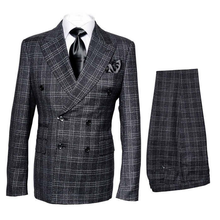 Mens Charcoal Plaid Double-Breasted Suit Tailored Pants Windowpane Pattern By Rossiman