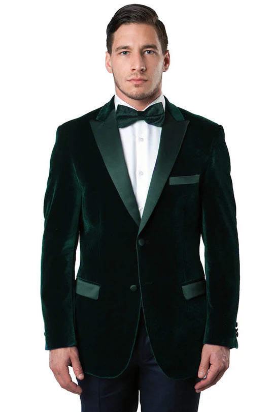 Men’s Dark Green Velvet Tuxedo Dinner Jacket – Slim Fit Formal Blazer with Satin Peak Lapel Lape - 36 Short