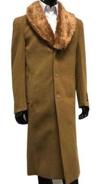 Men's Camel Brown Long Overcoat with Faux Fur Collar, Classic Winter Topcoat for Formal and Business Wear - Coat Size 34