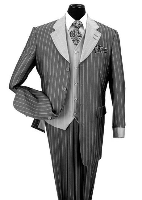 Men’s Grey Pinstripe Zoot Suit 3 Piece – 1920s Gangster Vintage Wide Lapel Suit with Vest for Wedding, Party - 34 Short or Extra Small