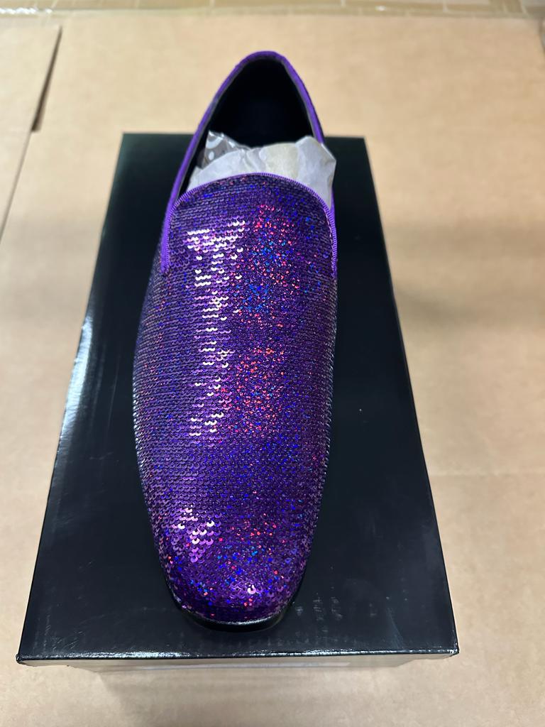 Mens Purple Sequin Dress Shoes Slip on  – Luxury Slip On Formal Loafers Wedding Prom Party Designer Footwear - 6 Standard / D / Medium