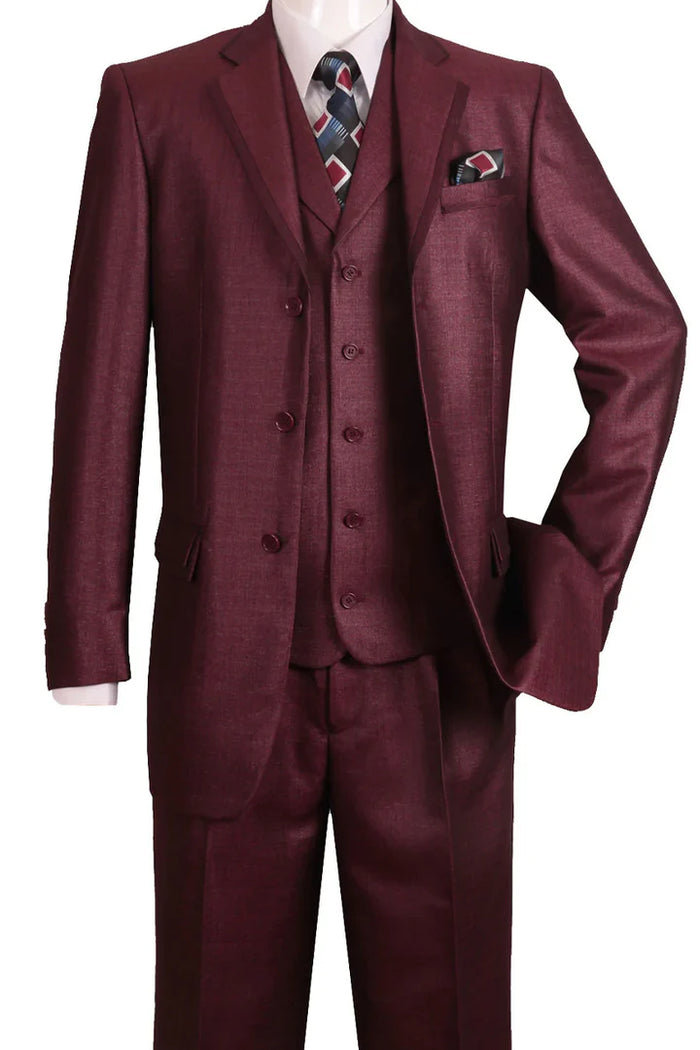Mens Burgundy 3-Piece Suit Burgundy Three Buttons Vested Suit - Pleated Pants Classic Fit Athletic Cut