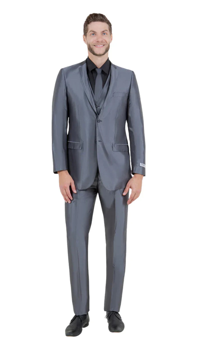 Mens Dark Grey Shiny Two-Piece Suit Slim Fitted Formal Jacket and Tailored Pants - Sateen Metalic in Charcoal Gray Color