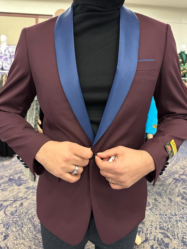 Mens Burgundy Tuxedo Dinner Jacket Blazer with Blue Satin Shawl Lapel  Wedding and Party Jacket - 34 Short or Extra Small