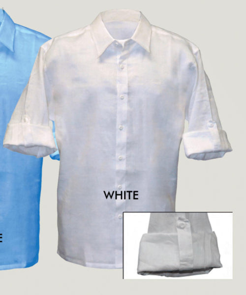 Mens White Linen Button Down Shirt Long Sleeve Roll-Up Casual Dress Shirt