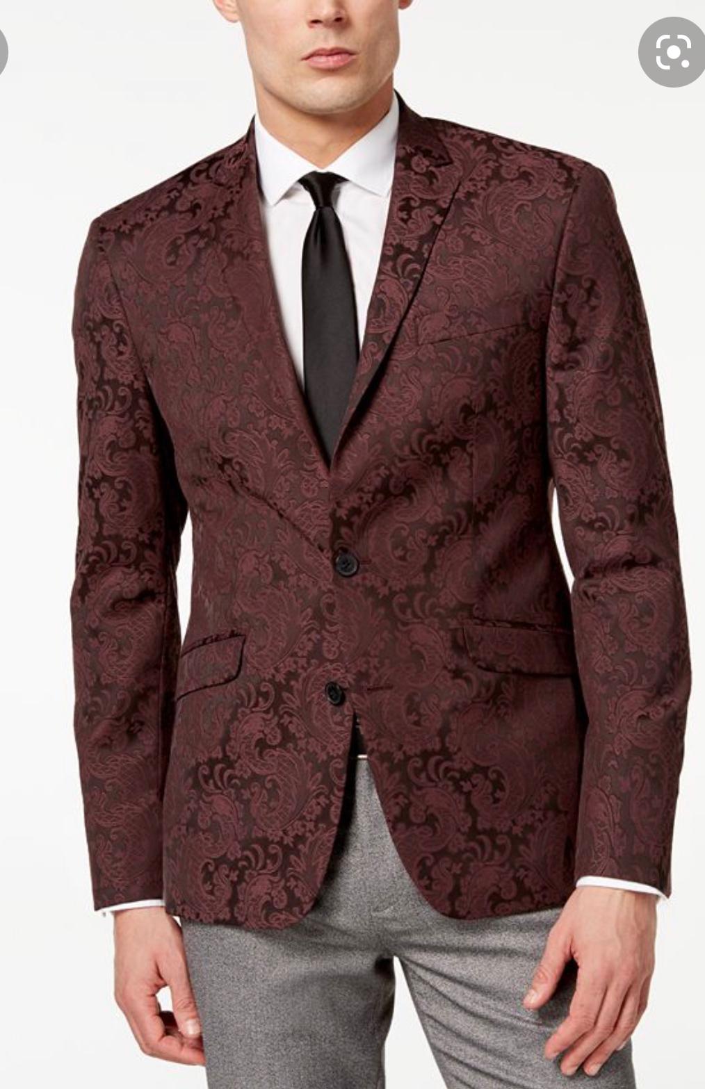 Men’s Burgundy Paisley Blazer Sport Coat – Velvet Dinner Jacket floral in Maroon Wine Color Ultra Slim Fit Smoking Jacket - 36 Short