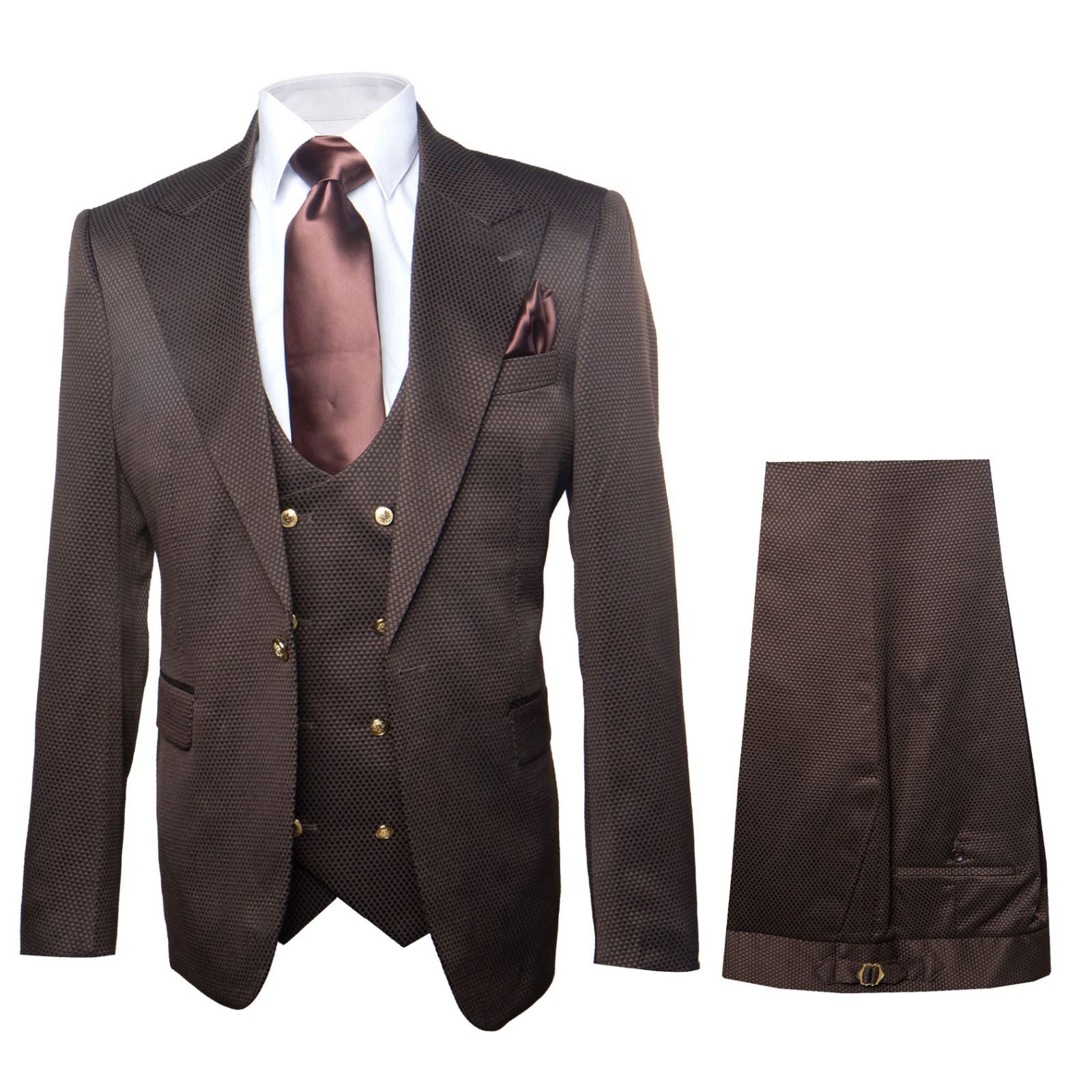 Menâ€™s Chocolate Brown Textured 3-Piece Suit â€“ Luxury Double-Breasted Vest Formal Set - 34 Short or Extra Small