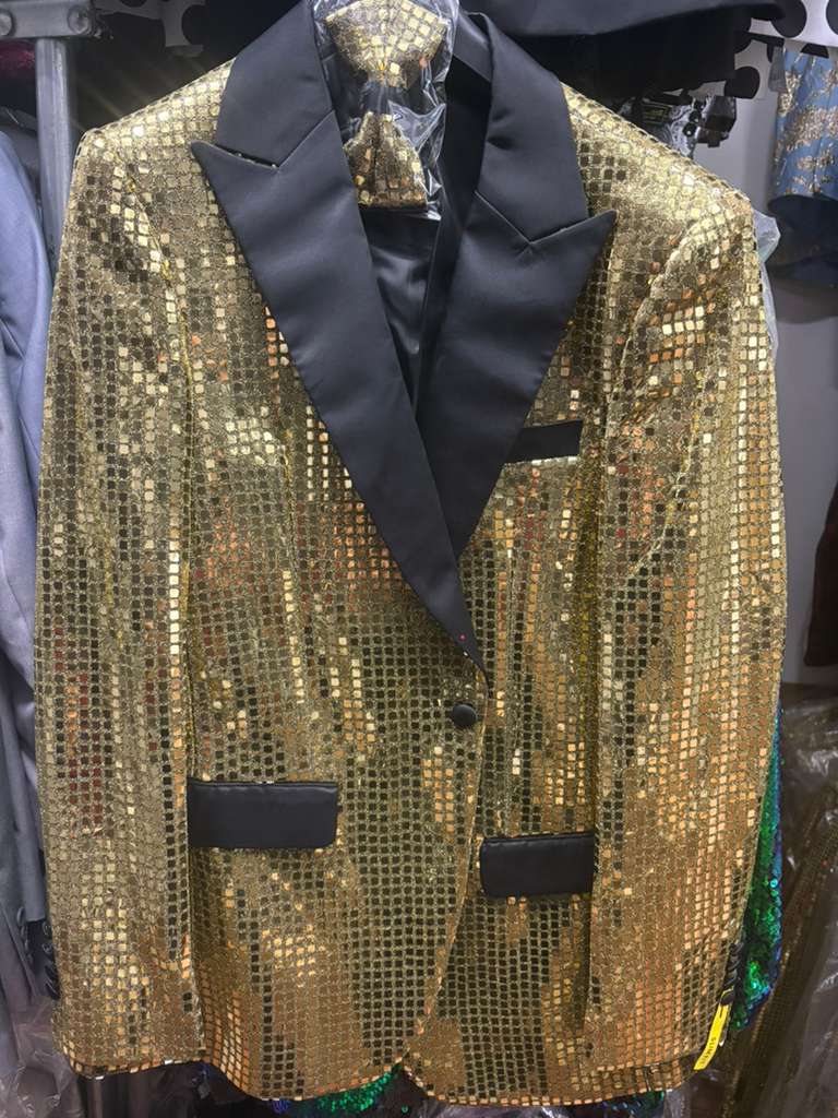 Mens Gold Sequin Blazer with Black Satin Lapel – Gold Formal Party Blazer Jacket for Prom, Wedding and Stage Events - 36 Short