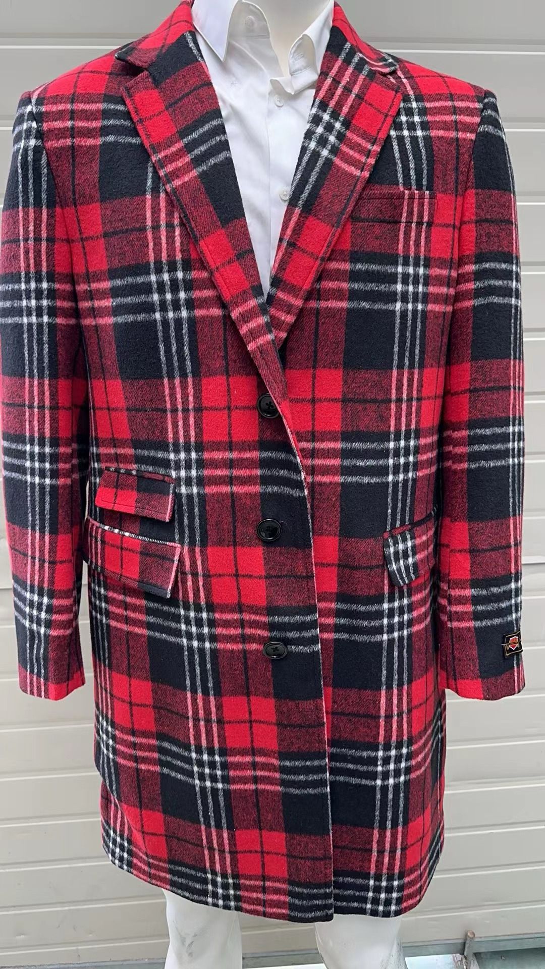 Men’s Red Plaid Wool Overcoat – Classic Tartan Check Long Coat for Stylish Winter Wear - Coat Size 38