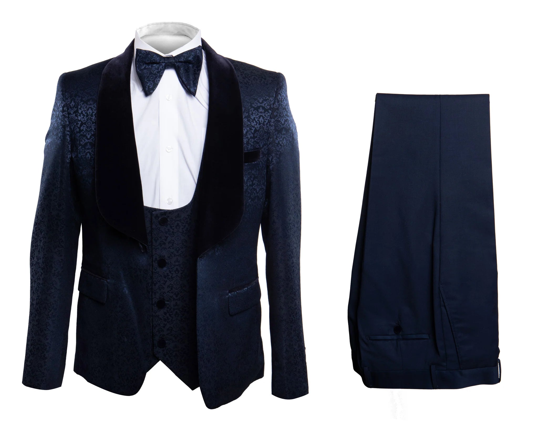 Men’s Navy Blue Jacquard Tuxedo with Black Velvet Shawl Lapel – 3 Piece Formal Suit with Bow Tie - S