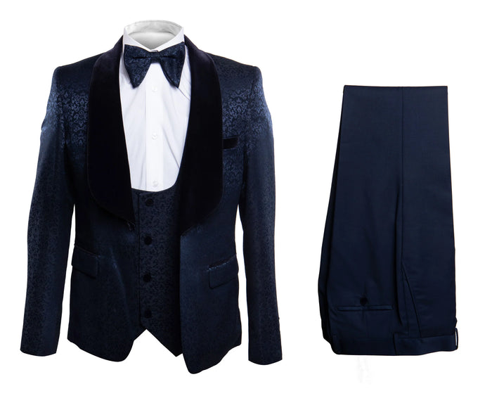 Mens Navy Blue Jacquard Tuxedo with Black Velvet Shawl Lapel, 3 Piece Formal Suit with Bow Tie