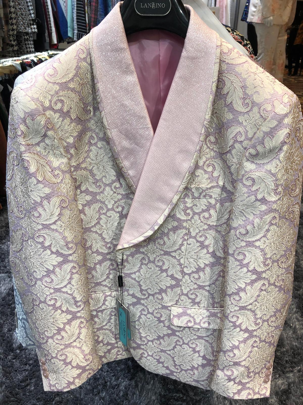 Menâ€™s Lavender and Gold Tuxedo Embroidered Lilac Mauve Blazer â€“ Designer Floral Pattern Wedding & Party Jacket - 36 Short