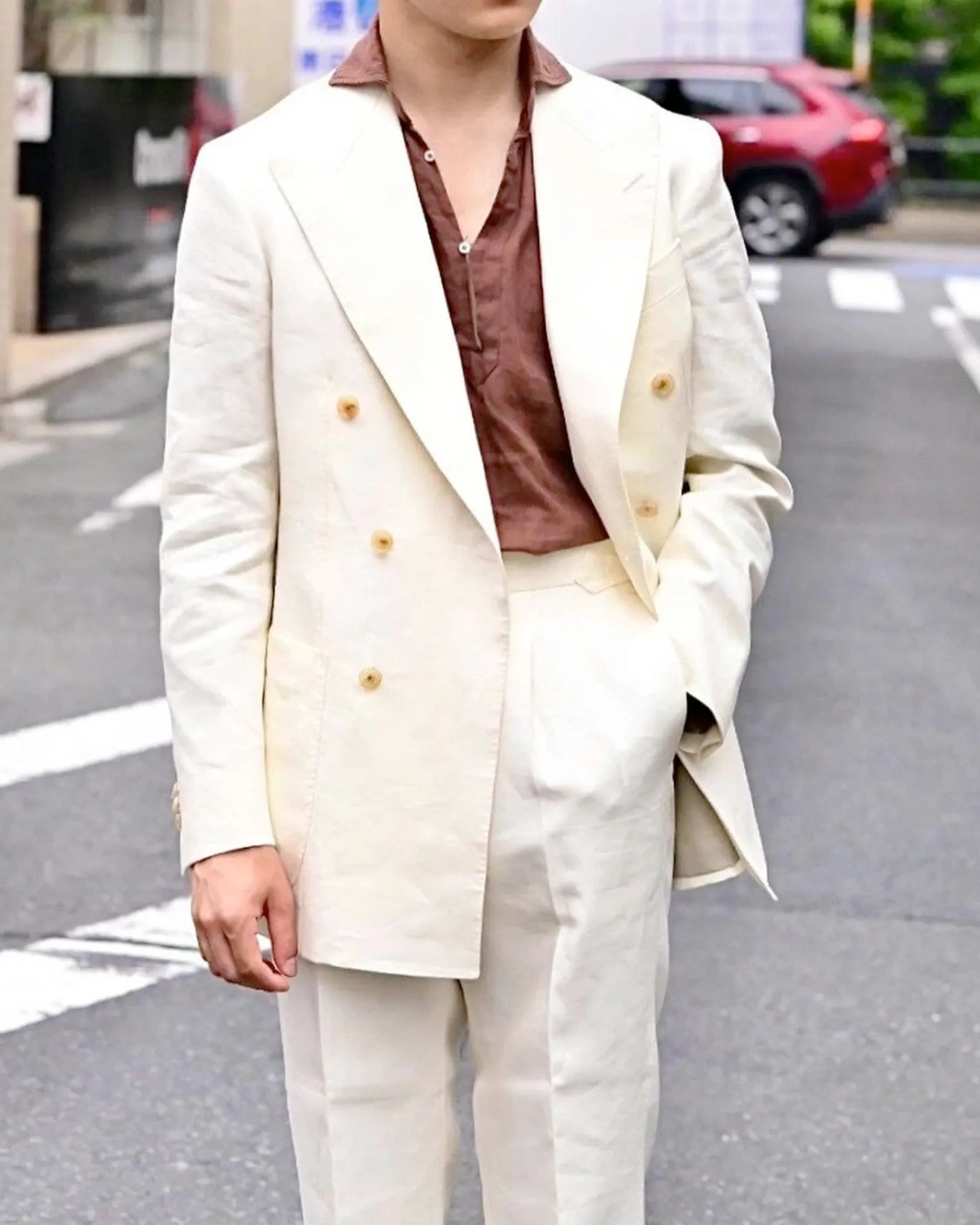 Men’s Off White 70s Style Double Breasted Suit – Vintage Retro Wide Lapel Classic Outfit for Party, Wedding and Casual Fashion Wear - 34 Short or Extra Small