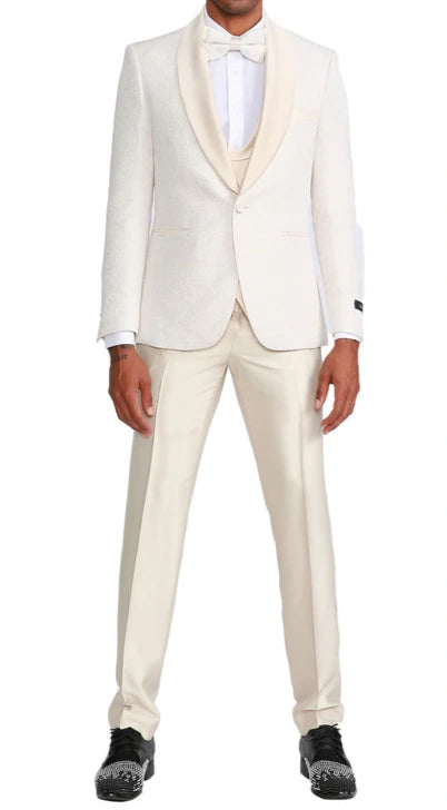 Men’s Ivory Paisley Tuxedo Suit 3 Piece – One Button Vested Satin Formal Suit for Wedding in Off white Cream Color - 40