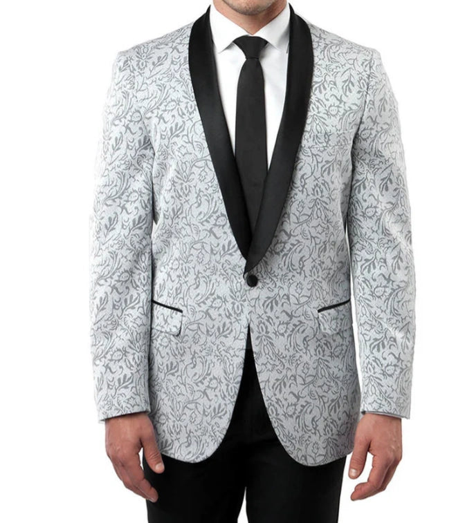 Men’s Silver and Black Floral Blazer – Elegant Formal Tuxedo Style Blazer Jacket for Wedding, Party, Prom and Evening Wear