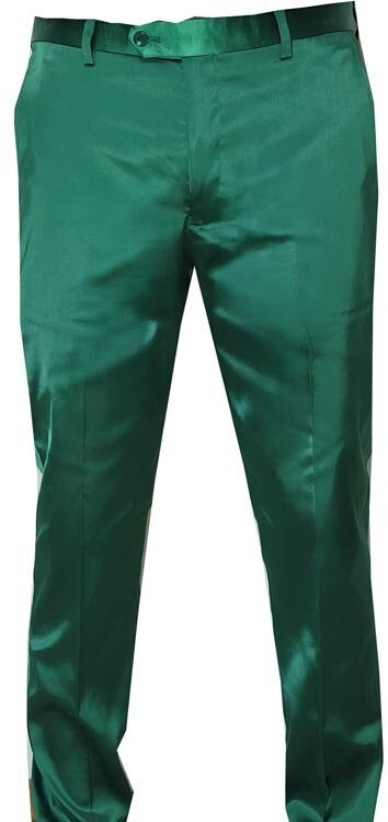 Mens Emerald Green Satin Slim Fit Dress Pants Shiny Formal Party and Wedding Trousers