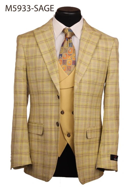 Vitali Men’s Sage Beige Tan Plaid 3 Piece Suit, Check Pattern Formal Dress Suit for Weddings, Prom, Business Events, Modern Fit Light Yellow Color - 34 Short or Extra Small