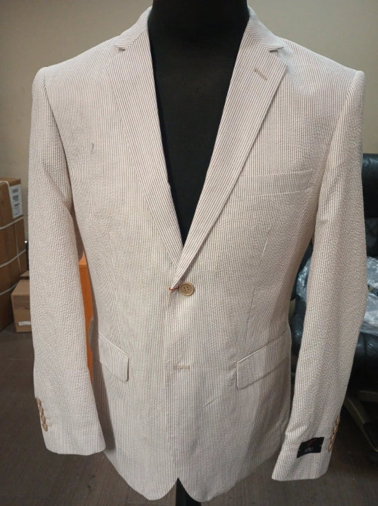 Men’s Beige Seersucker Summer Blazer, Lightweight Striped Sport Coat for Weddings, Parties, Beach Events in Tan Color - 36 Short