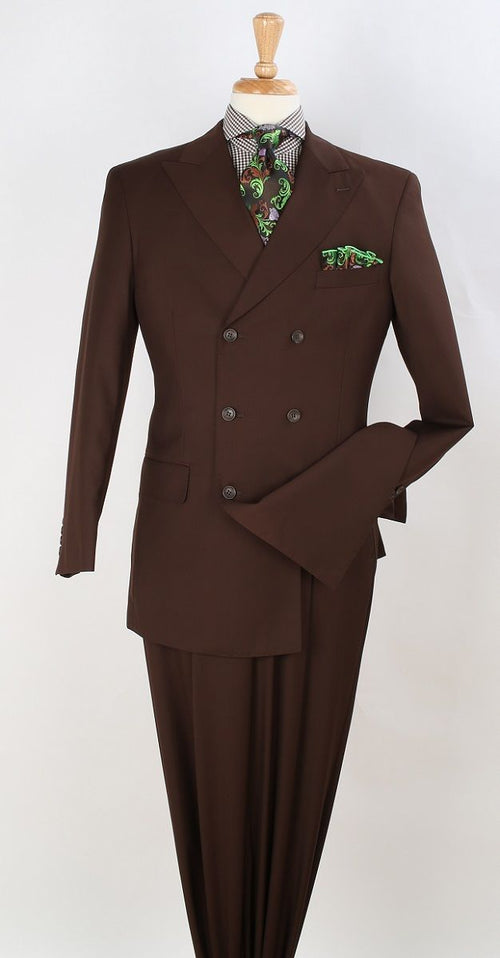 Mens 6 on 3 Style Brown Double Breasted Suit with Wide Leg Pleated Pants, Classic Formal 2 Piece Dress Suit Set