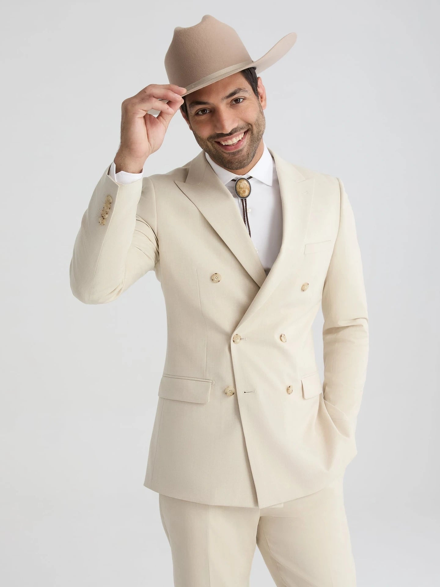 Men’s Tan Linen Cowboy Suit, Double Breasted Western Wedding Formal Western Suit Country style in Beige Tan Color - 34 Short or Extra Small
