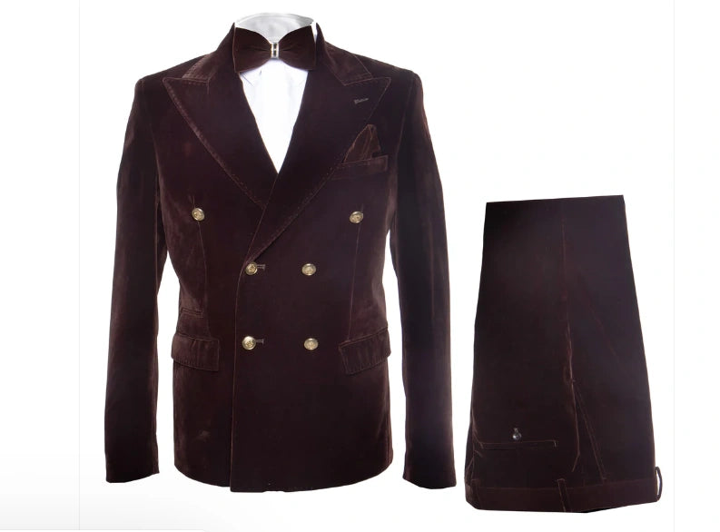 Men’s Dark Brown Velvet Blazer and Pants 2 Piece Suit, Double Breasted Formal Dinner Suit for Weddings, Prom - 34 Short or Extra Small
