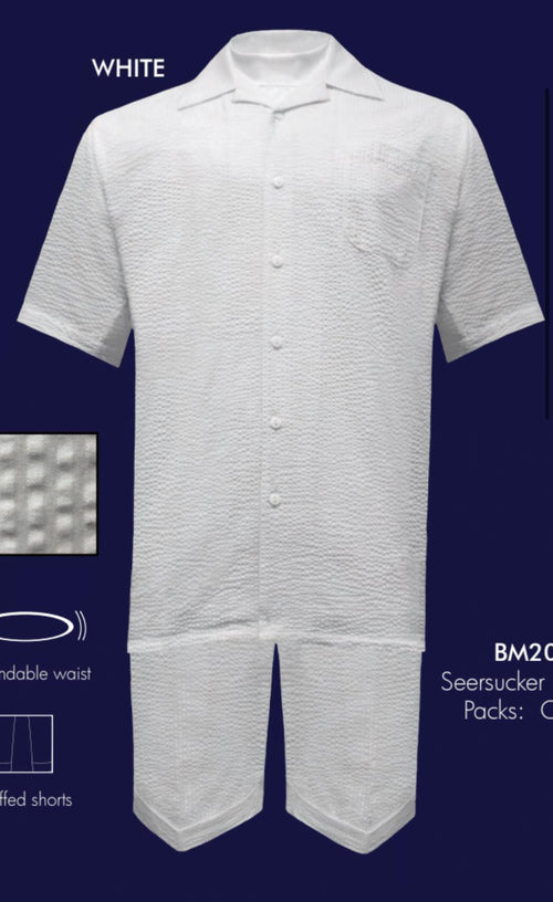 Mens White Seersucker Short Set Lightweight Summer Outfit with Shirt and Shorts