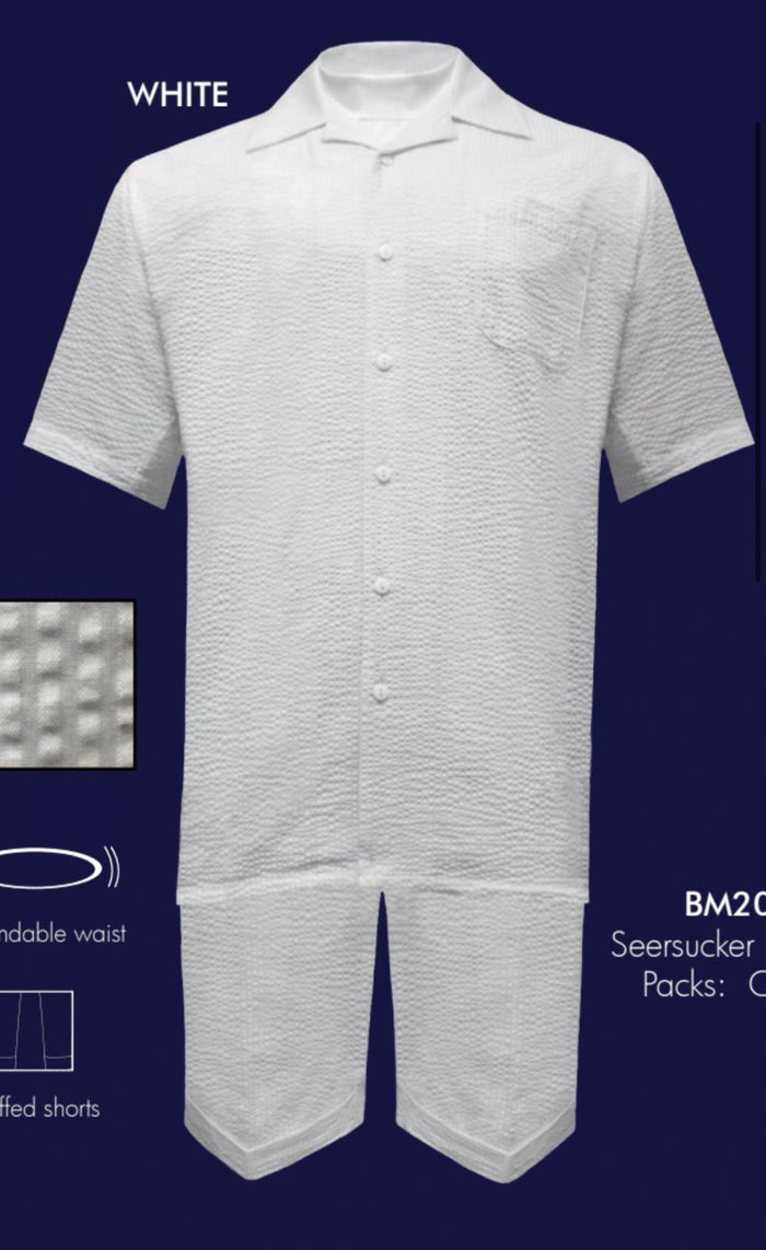 Mens White Seersucker Short Set Lightweight Summer Outfit with Shirt and Shorts