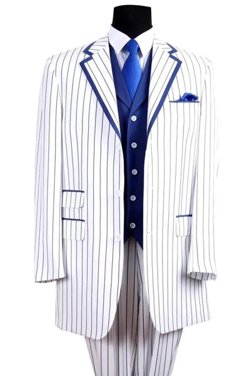 Mens White and Royal Blue Pinstripe 3-Piece Suit Classic Fit Blazer with Vest, Pants, and Tie